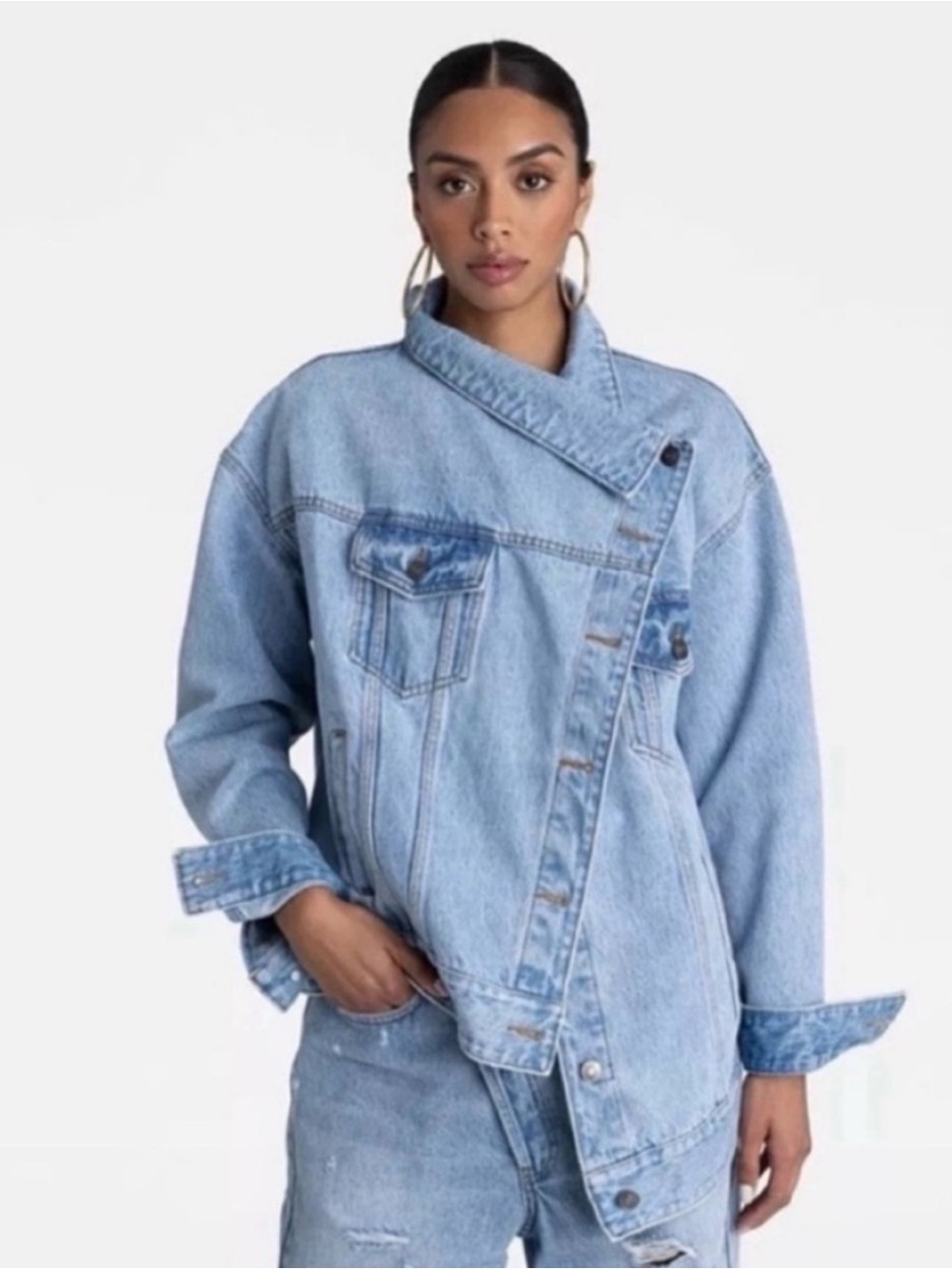 KBB BY KAHLANA Light Blue Denim Asymmetrical Oversized Jacket Women